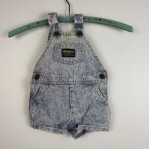 VINTAGE OSHKOSH RAILROAD BLUE AND WHITE STRIPE SHORT OVERALL SIZE 9-12 MONTHS